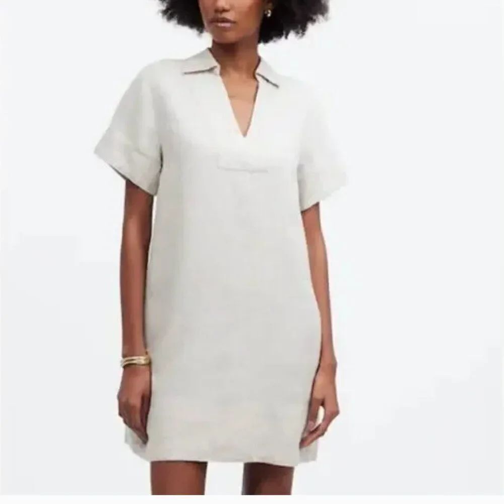 Madewell NQ627  V-Neck Mini Dress in 100% Linen in Natural size xxs